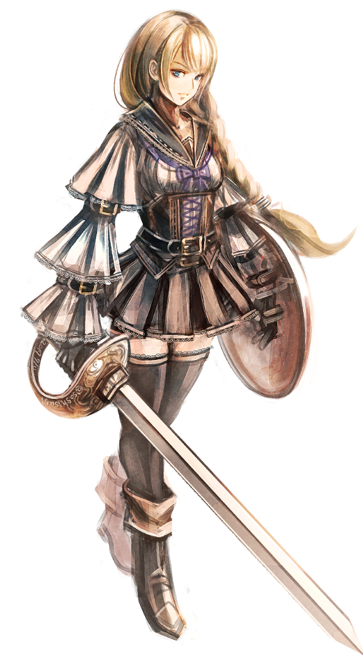 1girl bangs black_gloves black_thighhighs blonde_hair blue_eyes braid braided_ponytail closed_mouth floating_hair full_body gloves grey_sailor_collar grey_skirt holding holding_shield holding_sword holding_weapon knight layered_sleeves long_hair long_sleeves miniskirt neckerchief original pleated_skirt purple_neckerchief sailor_collar sailor_shirt shield shirt simple_background skirt solo standing sushi_(sashimise) sword thigh-highs underbust very_long_hair weapon white_background white_shirt zettai_ryouiki
