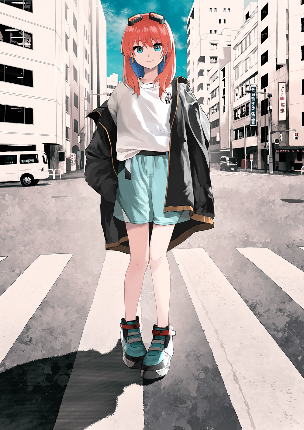 1girl aq_arium aqua_eyes aqua_footwear aqua_shorts bangs black_jacket blue_hair building car city closed_mouth colored_inner_hair commission day earrings eyewear_on_head full_body goggles goggles_on_head ground_vehicle hair_between_eyes highres jacket jewelry light_smile long_hair long_sleeves looking_at_viewer morifumi motor_vehicle multicolored_hair open_clothes open_jacket orange_hair outdoors shadow shirt shirt_tucked_in shoes short_shorts shorts sidelocks skeb_commission smile solo standing swept_bangs tadase_kairi two-tone_hair van virtual_youtuber white_shirt