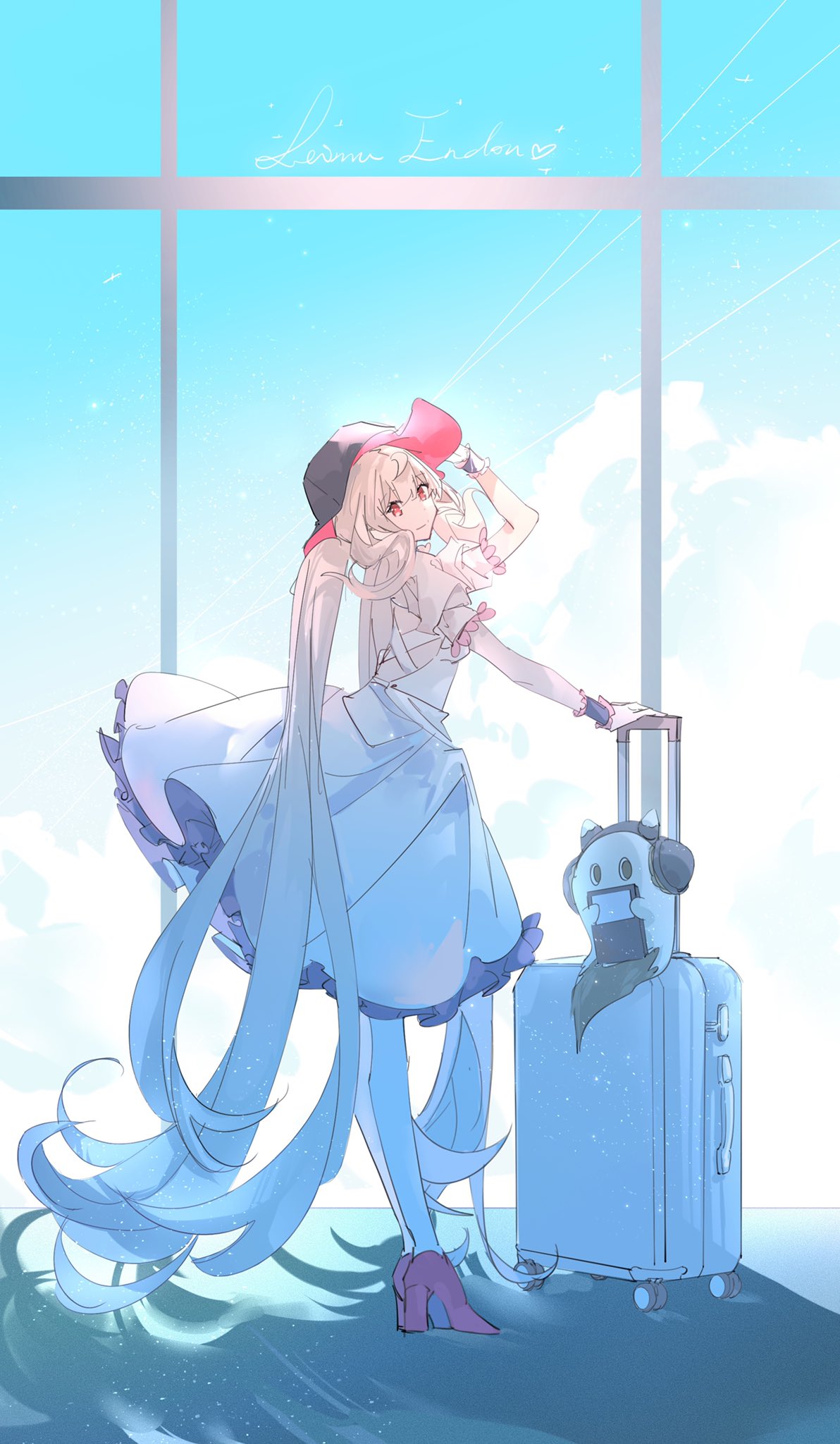 1girl black_headwear dress from_side ghost grey_hair hat head_tilt headphones high_heels highres long_hair looking_at_viewer luggage nijisanji nijisanji_en pink_eyes pink_footwear poppi_(reimu_endou) r5_(yexinr5) reimu_endou smile solo very_long_hair virtual_youtuber white_dress window