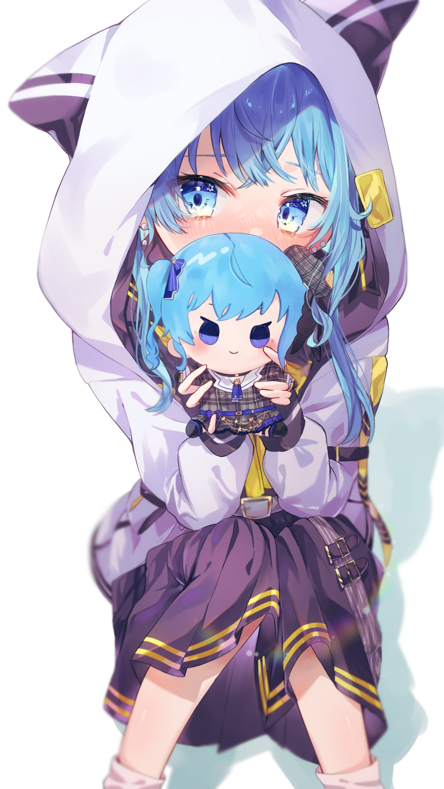1girl animal_ears bangs black_skirt blue_eyes blue_hair blush character_doll covering_mouth doll earrings fake_animal_ears gaaa_u highres holding holding_doll hololive hood hooded_jacket hoshimachi_suisei jacket jewelry knees_together_feet_apart knees_up long_hair long_sleeves medium_skirt simple_background sitting skirt solo virtual_youtuber white_background white_jacket younger