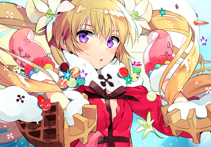 1girl bangs beads blonde_hair blush bow breasts coat eyebrows_hidden_by_hair flower food fruit hair_flower hair_ornament hands_up ice_cream_cone keychain long_hair looking_at_viewer mittens ninomotonino original parted_lips red_coat ribbon small_breasts snowflakes snowman solo straight_hair strawberry twintails upper_body v-neck violet_eyes waffle