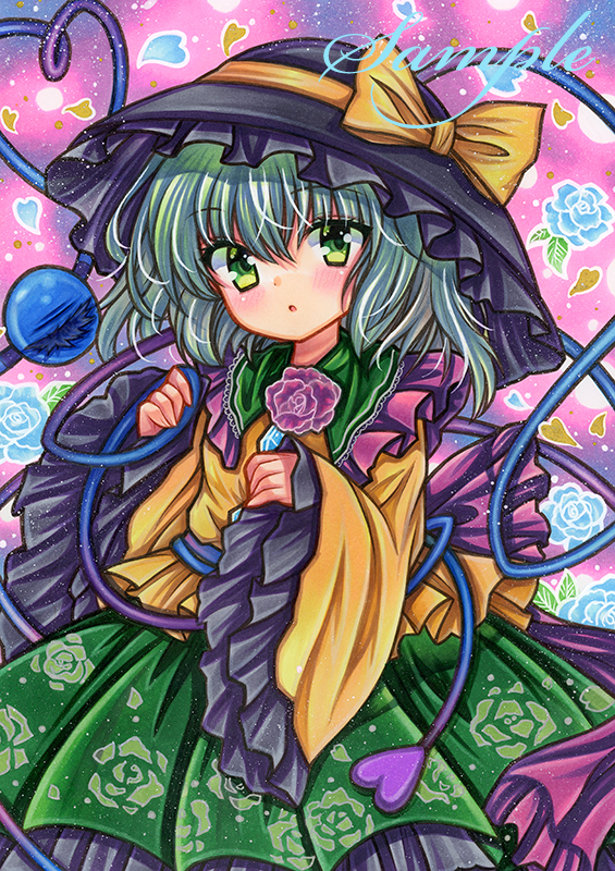 1girl bangs black_headwear blue_flower blue_rose blush bow cowboy_shot floral_background floral_print flower frilled_hat frilled_shirt_collar frilled_sleeves frills green_eyes green_hair green_skirt hand_up hat hat_bow heart heart_of_string komeiji_koishi long_sleeves looking_at_viewer marker_(medium) medium_hair parted_lips petals print_skirt purple_flower purple_rose rose rose_print rui_(sugar3) sample_watermark shirt skirt sleeves_past_wrists solo standing third_eye touhou traditional_media wide_sleeves yellow_bow yellow_shirt