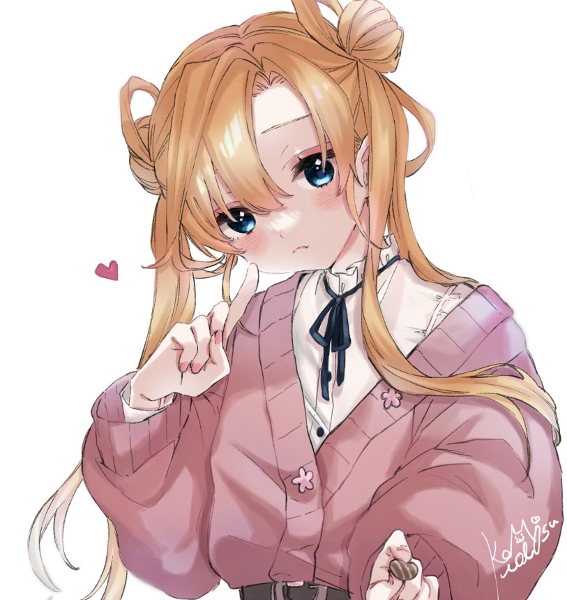 1girl abukuma_(kancolle) alternate_costume bangs blue_eyes blush candy cardigan chocolate closed_mouth commentary_request double_bun finger_to_cheek food hair_between_eyes hair_bun heart heart-shaped_chocolate holding index_finger_raised kamisuiori kantai_collection long_hair long_sleeves looking_at_viewer orange_hair pink_cardigan shirt signature simple_background solo twintails upper_body white_background white_shirt