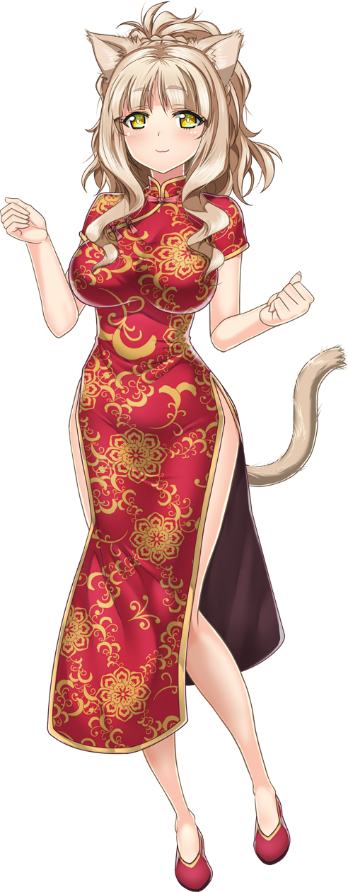 1girl amrita_(artwhirl) animal_ears artwhirl_mahou_gakuen_no_otome-tachi bangs bare_legs blunt_bangs cat_ears cat_girl cat_tail china_dress chinese_clothes clenched_hand dress full_body highres kimura_kitaka light_brown_hair long_hair looking_at_viewer print_dress red_dress red_footwear shiny shiny_hair short_sleeves side_slit solo standing tachi-e tail transparent_background yellow_eyes