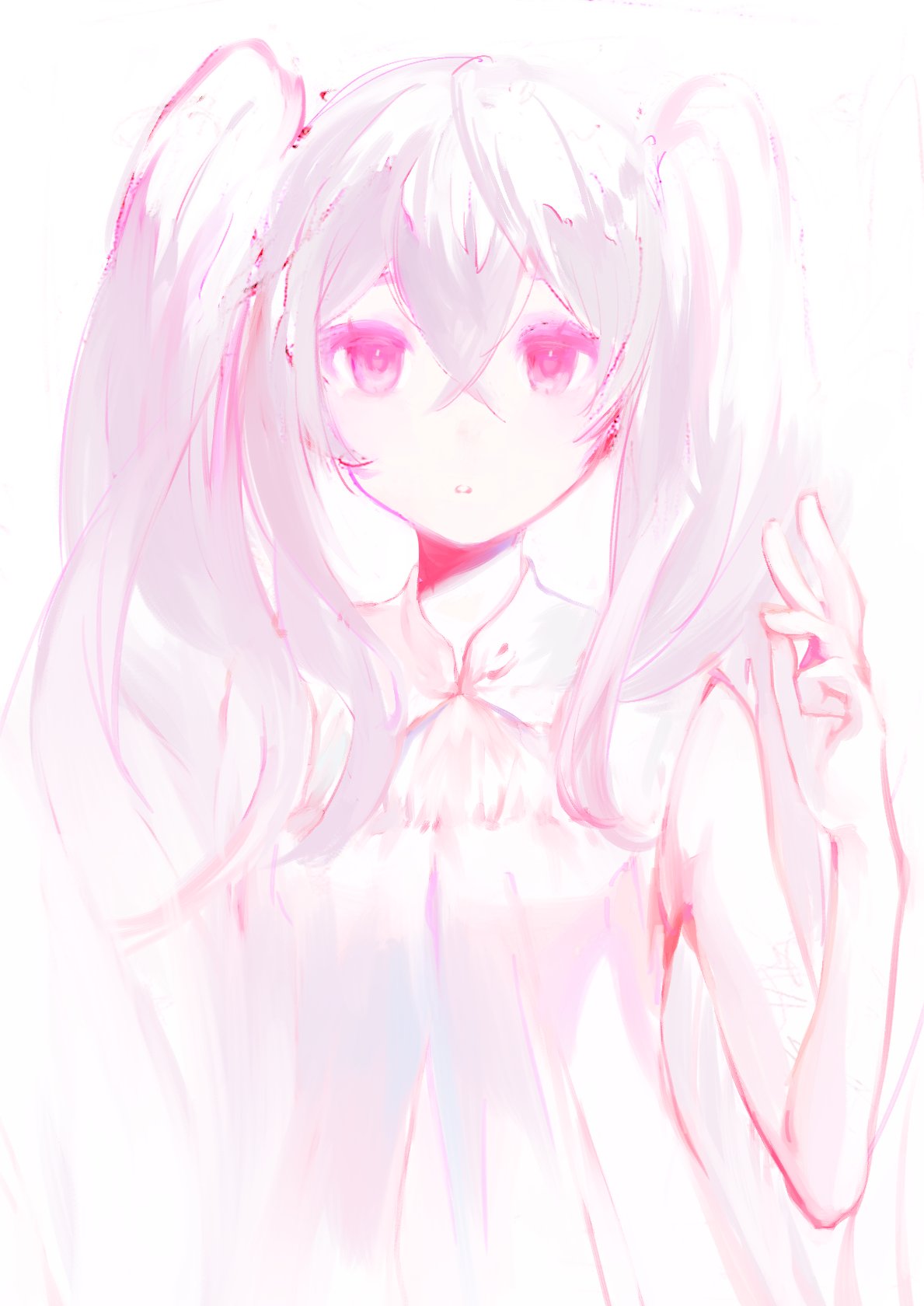 1girl bangs commentary grey_hair hair_between_eyes hatsune_miku highres limited_palette long_hair looking_at_viewer melt_(vocaloid) open_hand parted_lips peso_(honopesopeso) pink_eyes shirt solo twintails upper_body very_long_hair vocaloid white_shirt