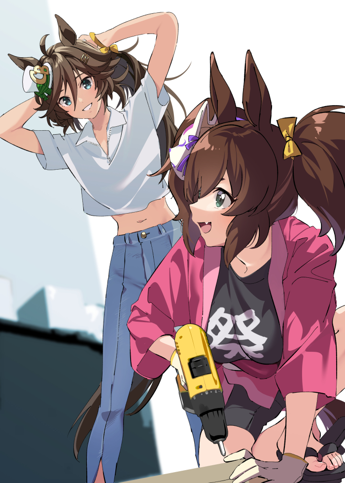 2girls ahoge animal_ears arms_behind_head bangs bike_shorts black_shirt blue_pants breasts brown_hair collared_shirt fang fox_mask gloves green_eyes hair_ornament hairclip hat horse_ears horse_girl horse_tail inari_one_(umamusume) japanese_clothes kimono kimono_skirt long_hair looking_at_another mask mask_on_head medium_breasts mini_hat mini_top_hat misu_kasumi mr._c.b._(umamusume) multiple_girls navel open_mouth pants pink_kimono power_drill sandals shirt short_sleeves sideways_mouth smile standing tail teeth toes top_hat twintails umamusume white_gloves white_shirt