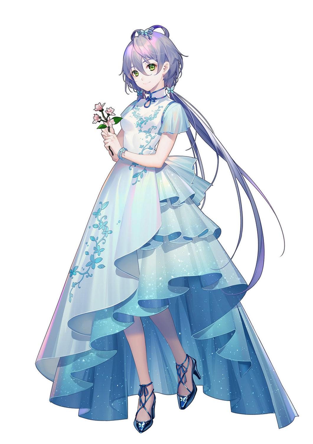 1girl bangs blue_dress blue_footwear breasts butterfly_hair_ornament china_dress chinese_clothes dress facing_to_the_side floral_print flower frilled_dress frills gradient_dress green_eyes hair_between_eyes hair_ornament hair_rings heel_up high_heels highres holding holding_flower iridescent long_dress long_hair looking_at_viewer luo_tianyi official_art pink_flower ponytail purple_hair short_sleeves simple_background smile solo standing tidsean two-tone_dress vocaloid vsinger white_background white_dress