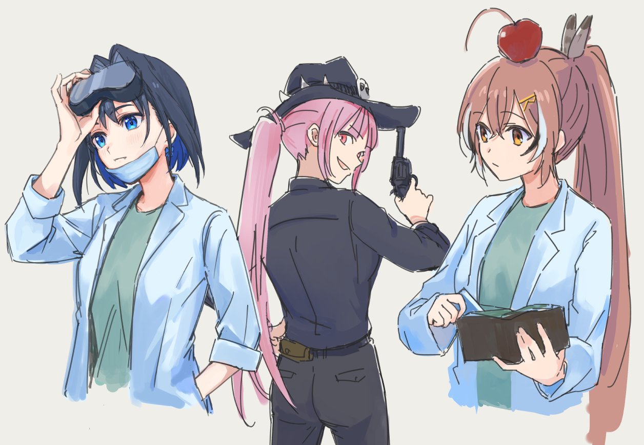 3girls ahoge alternate_costume among_us apple bangs black_shirt blue_eyes blue_hair bow bow_earrings brown_eyes brown_hair collared_shirt cowboy cowboy_hat cowboy_western earrings feather_hair_ornament feathers food food_on_head fruit fruit_on_head goggles goggles_on_head green_shirt gun hair_intakes hair_ornament hairclip hat hololive hololive_english jewelry kisuu_(oddnumberr_) labcoat long_hair mask mori_calliope mouth_mask multicolored_hair multiple_girls nanashi_mumei object_on_head ouro_kronii ponytail pouch red_eyes revolver shirt short_hair streaked_hair surgical_mask t-shirt very_long_hair virtual_youtuber wallet weapon