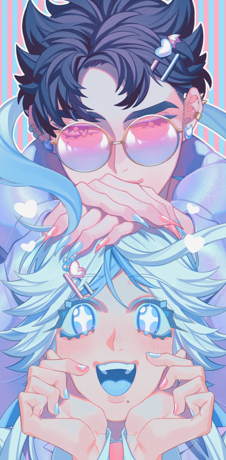 +_+ 2boys ahoge black_hair blue_background blue_eyes blue_hair blue_nails blue_suit blue_tongue collared_jacket colored_eyelashes colored_tongue ear_piercing earrings fingernails formal hair_ornament hairpin hands_on_another's_head hands_up heart heart_hair_ornament highres jacket jewelry kamonekm light_smile long_hair long_sleeves looking_at_viewer male_focus mole mole_under_mouth multiple_boys necktie one_eye_closed open_mouth original piercing pink-tinted_eyewear pink_background pink_eyes pink_nails pink_necktie purple_jacket round_eyewear sharp_fingernails short_hair striped striped_background suit suit_jacket sunglasses tinted_eyewear upper_body vertical_stripes yellow-framed_eyewear