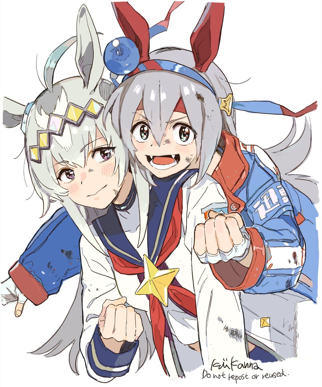 2girls ahoge animal_ears artist_name bangs blue_jacket blush clenched_hand closed_mouth coat dirty dirty_clothes dirty_face fangs fingerless_gloves gloves grey_eyes grey_hair hairband headband highres horse_ears jacket kiikanna long_hair long_sleeves looking_at_viewer messy_hair multicolored_hair multiple_girls oguri_cap_(umamusume) open_mouth simple_background smile tamamo_cross_(umamusume) teeth umamusume upper_body v-shaped_eyebrows white_background white_coat white_gloves