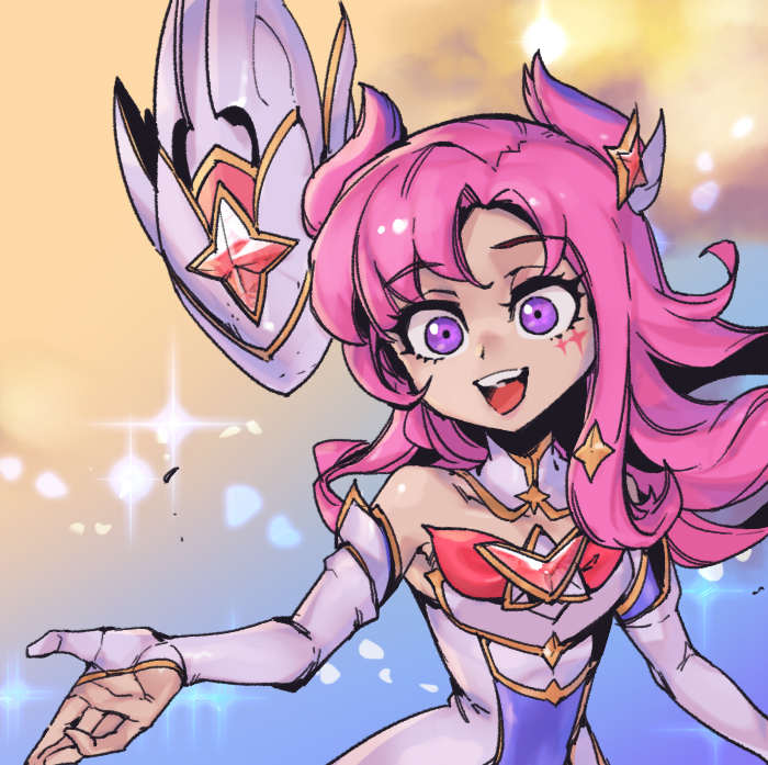 1girl :d bangs bare_shoulders bow bowtie detached_collar elbow_gloves floating floating_object gem gloves grey_gloves grey_shirt hair_ornament kai'sa league_of_legends long_hair multicolored_background phantom_ix_row pink_hair red_bow red_bowtie shiny shiny_hair shirt smile solo star_guardian_kai'sa teeth tongue tongue_out upper_teeth violet_eyes