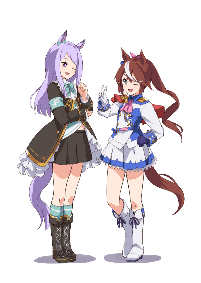 2girls animal_ears armband ascot asymmetrical_gloves bangs black_footwear black_jacket black_skirt blue_eyes blue_gloves blue_socks boots bow brown_hair cross-laced_footwear ear_bow gloves green_bow guraasan hair_between_eyes hair_ribbon horse_ears horse_girl horse_tail jacket knee_boots kneehighs lace-up_boots long_hair long_sleeves mejiro_mcqueen_(umamusume) mismatched_gloves multicolored_hair multiple_girls pink_ascot pink_ribbon pleated_skirt ponytail purple_hair ribbon shadow simple_background skirt sleeves_past_wrists socks standing streaked_hair swept_bangs tail thick_eyebrows tokai_teio_(umamusume) umamusume v very_long_hair violet_eyes white_background white_footwear white_gloves white_hair white_jacket white_skirt