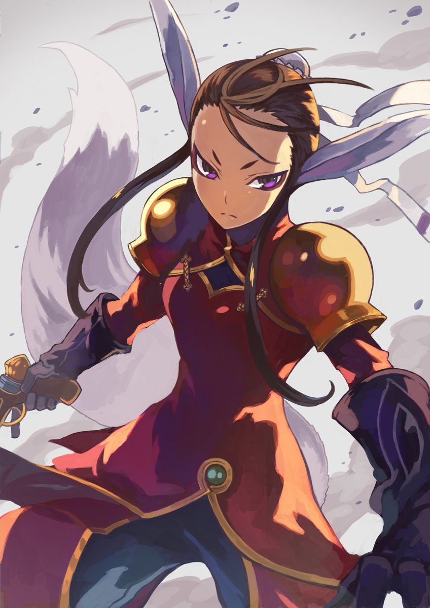 1girl animal_ears breasts breath_of_fire breath_of_fire_iv brown_hair bun_cover closed_mouth elbow_gloves eyeliner frown gloves gun hair_bun highres holding holding_gun holding_weapon long_hair makeup purple_gloves red_eyeliner ringed_eyes rumie single_hair_bun small_breasts solo split_mouth tail trigger_discipline tsurime turtleneck ursula_(breath_of_fire) v-shaped_eyebrows violet_eyes weapon
