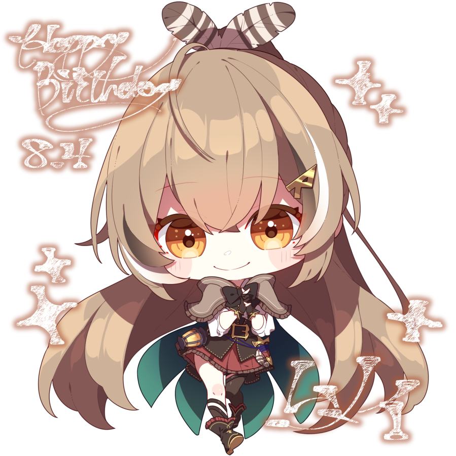 1girl ahoge ankle_boots asymmetrical_legwear bangs belt birthday blush boots brown_capelet brown_cloak brown_corset brown_eyes brown_hair cape capelet chibi cloak corset dagger english_text feather_hair_ornament feathers gloves hair_ornament hairclip happy_birthday hololive hololive_english knee_strap kneehighs knife lantern long_hair looking_at_viewer multicolored_hair nanashi_mumei partially_fingerless_gloves pleated_skirt ponytail pouch red_skirt ribbon shirt single_kneehigh single_sock single_thighhigh skirt smile socks streaked_hair thigh-highs thigh_strap very_long_hair virtual_youtuber weapon white_shirt yyi_chii