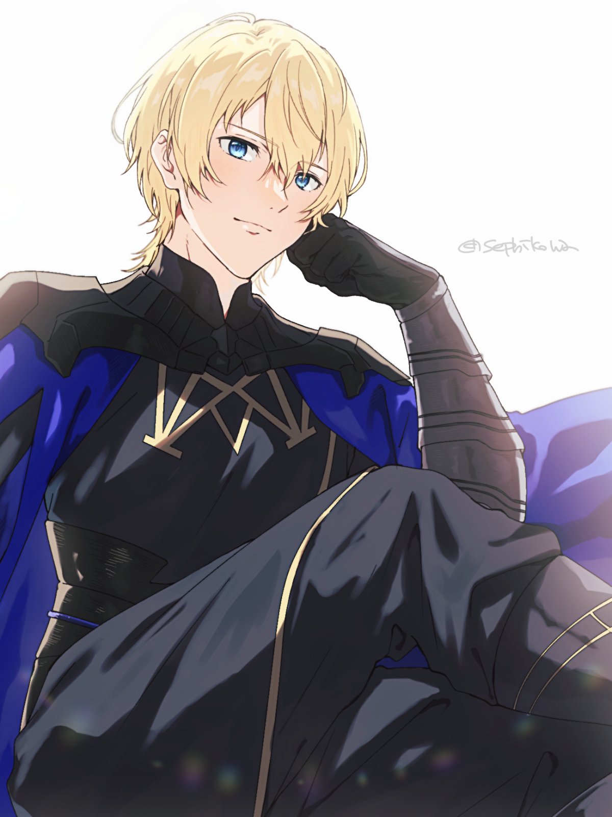 1boy alternate_color bangs black_gloves blonde_hair blue_cape blue_eyes byleth_(fire_emblem) byleth_eisner_(male) cape closed_mouth commentary_request dimitri_alexandre_blaiddyd fire_emblem fire_emblem:_three_houses garreg_mach_monastery_uniform gloves hair_between_eyes highres looking_at_viewer male_focus sephikowa simple_background solo super_smash_bros. twitter_username white_background