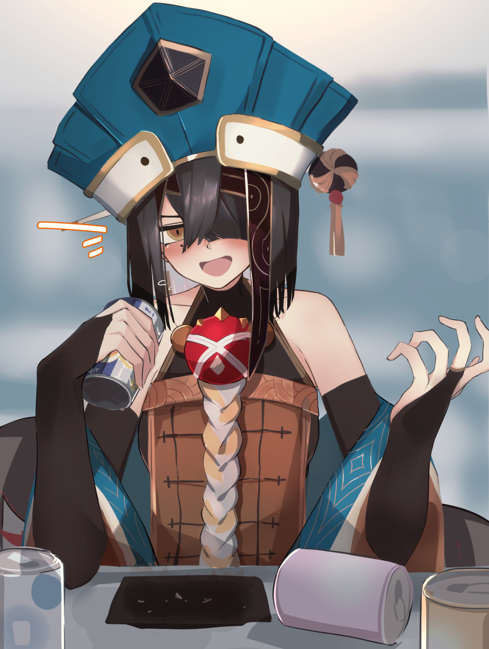 1girl beer_can black_hair bridal_gauntlets brown_eyes can chalos detached_sleeves drunk elbows_on_table empty_plate fate/grand_order fate_(series) hair_over_one_eye hat highres mole mole_under_eye xu_fu_(fate)