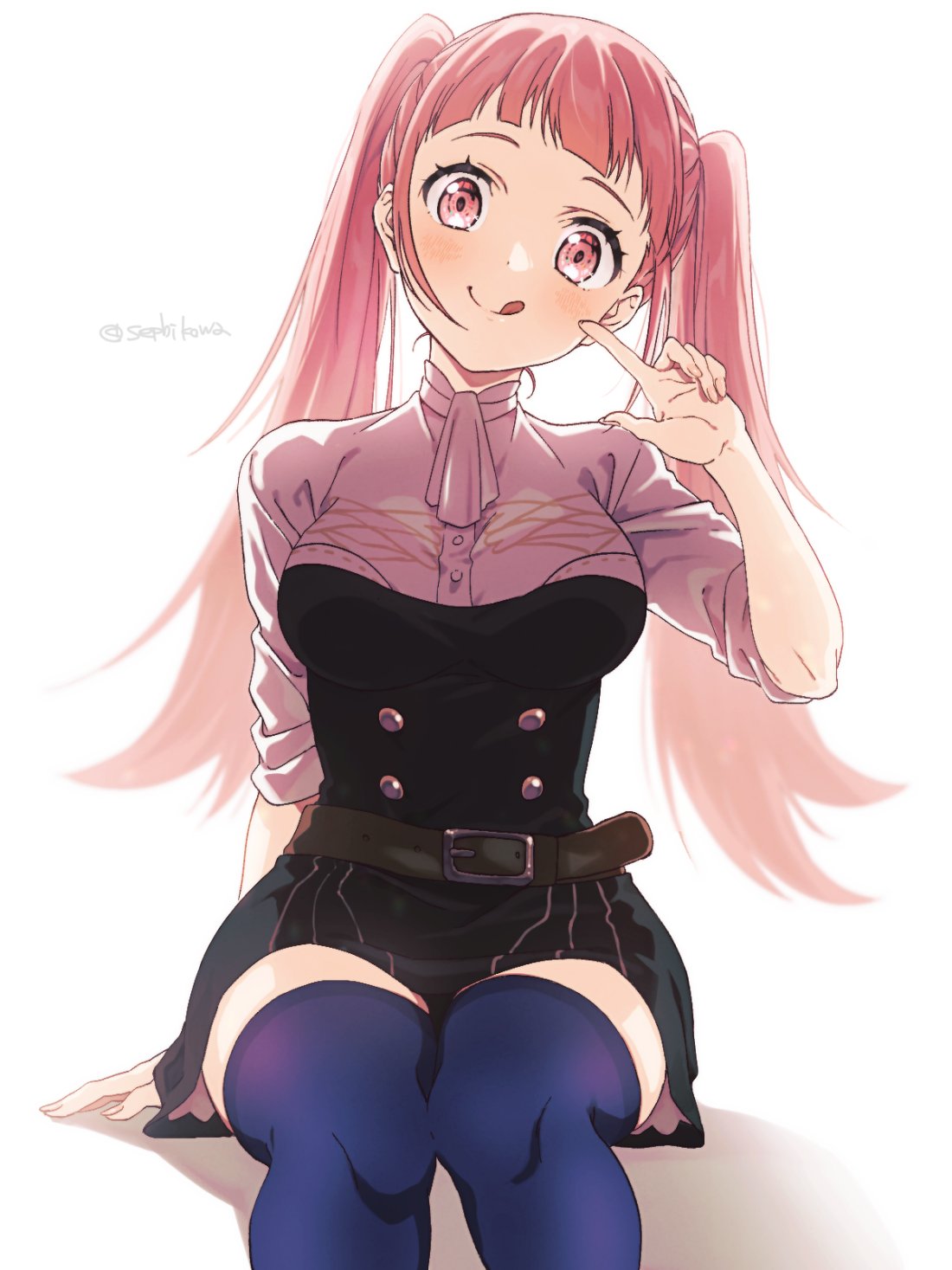 1girl :q bangs blue_thighhighs blunt_bangs blush breasts commentary_request fire_emblem fire_emblem:_three_houses garreg_mach_monastery_uniform highres hilda_valentine_goneril long_hair looking_at_viewer medium_breasts pink_eyes pink_hair pointing pointing_at_self sephikowa shadow simple_background sitting smile solo thigh-highs tongue tongue_out twintails twitter_username white_background