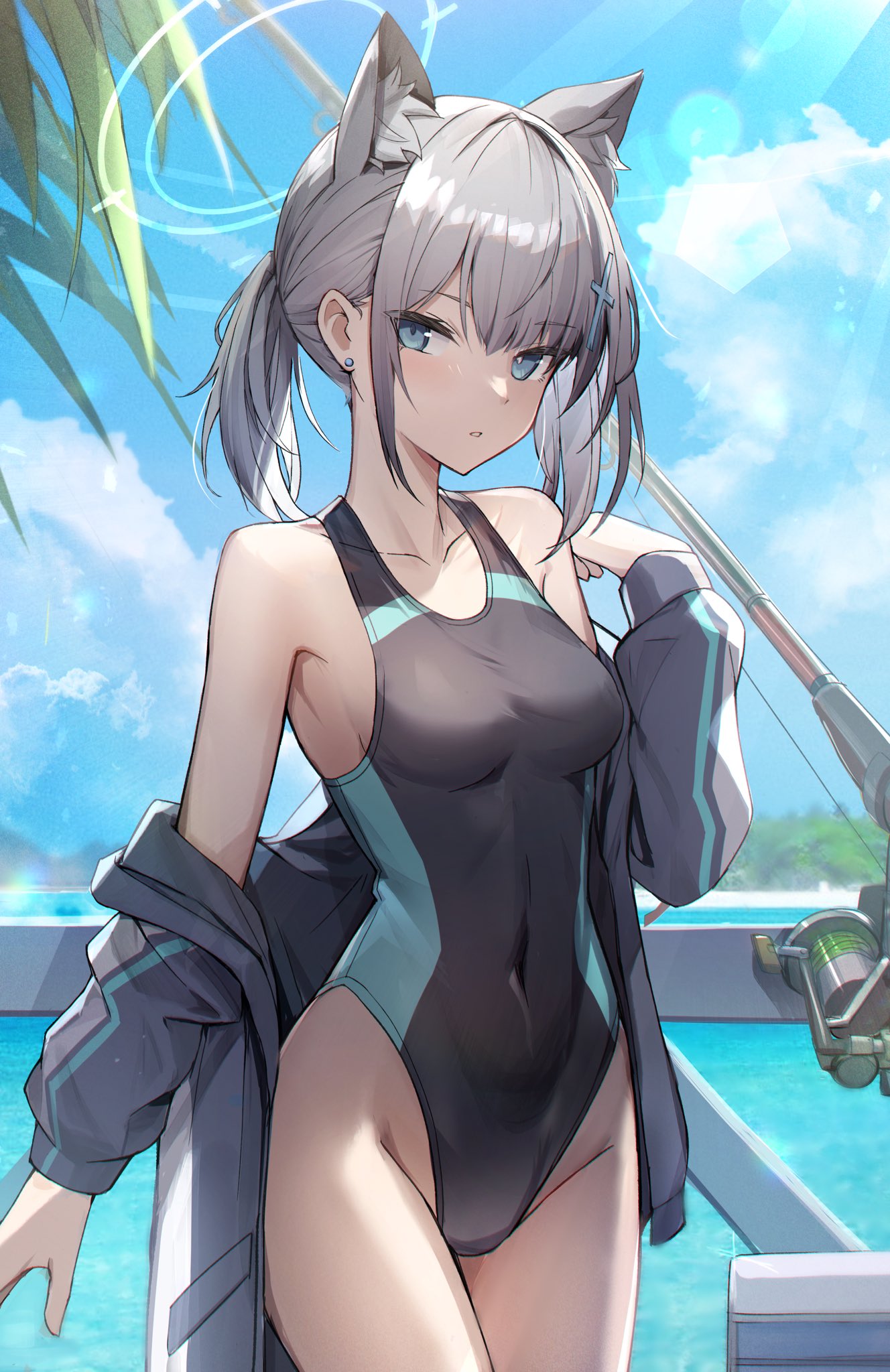 1girl animal_ears bangs beach blue_archive blue_eyes blue_sky blue_swimsuit cat_ears clouds collarbone competition_swimsuit cowboy_shot cross_hair_ornament extra_ears fishing_rod hair_ornament hairclip halo highleg highleg_swimsuit highres jacket japanese_clothes kagerou_(gigayasoma) looking_at_viewer mismatched_pupils one-piece_swimsuit palm_tree piercing ponytail school_swimsuit shiroko_(blue_archive) shiroko_(swimsuit)_(blue_archive) short_hair sky solo standing sunlight swimsuit tree white_hair