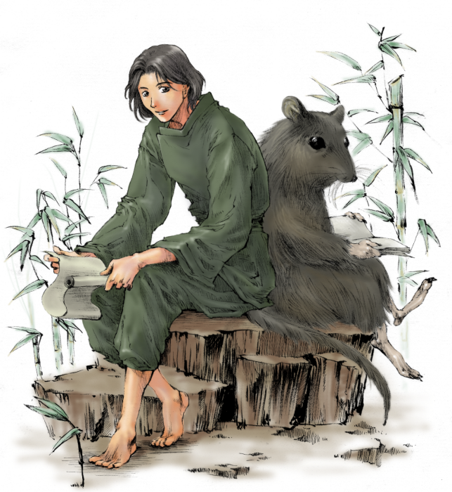 1boy alternate_form animal bamboo bamboo_forest barefoot book changpao chinese_clothes dual_persona endou_saya_(artist) forest green_pants grey_hair holding holding_book holding_scroll juuni_kokuki long_sleeves looking_at_viewer male_focus mouse nature open_book pants rakushun_(juuni_kokuki) sash scroll short_hair sitting smile tree_stump white_background