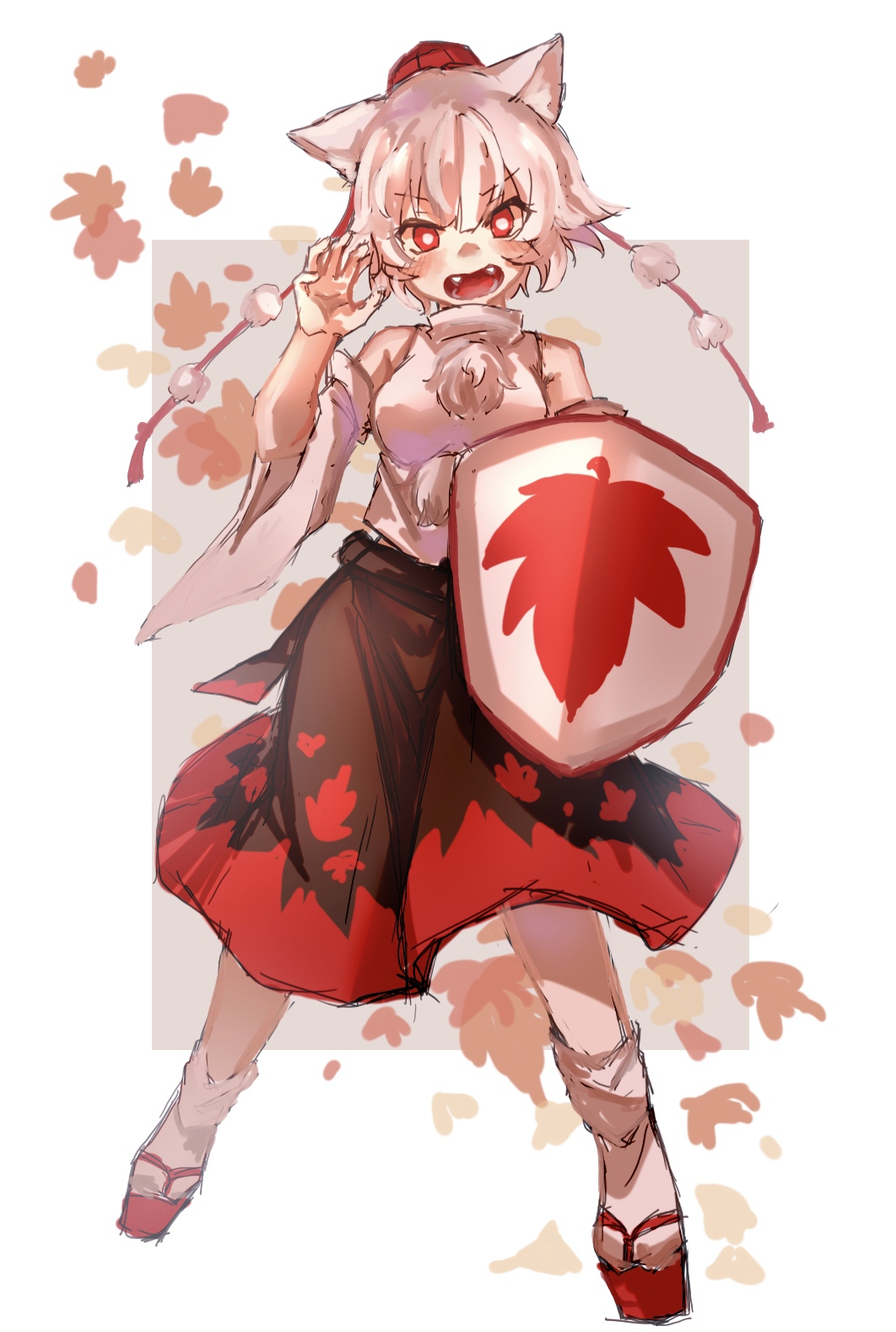 1girl :o animal_ears bangs barefoot black_skirt border brown_background detached_sleeves flip-flops full_body highres holding holding_shield inubashiri_momiji leaf looking_at_viewer open_mouth petals pom_pom_(clothes) red_eyes sandals shield shirt short_hair shouxishao_jiuyuan sketch skirt socks solo tail touhou white_border white_hair white_shirt white_sleeves white_socks wolf_ears wolf_girl wolf_tail