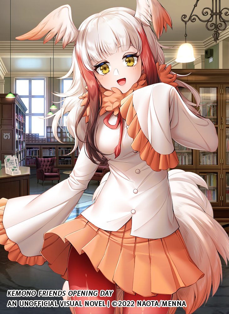 1girl animal_costume bird_girl bird_tail bird_wings copyright japanese_crested_ibis_(kemono_friends) kemono_friends kneehighs library long_hair looking_at_viewer menna_(0012) multicolored_hair neck_ribbon open_mouth redhead ribbon scarf shirt skirt smile socks solo tail white_hair wings yellow_eyes