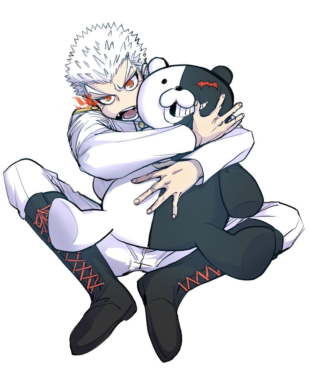 1boy bangs black_footwear boots danganronpa:_trigger_happy_havoc danganronpa_(series) glowing glowing_eye highres holding ishida_(danganronpa) ishimaru_kiyotaka jacket knee_boots long_sleeves male_focus mokuzou_(mokumokuzo) monokuma pants red_eyes short_hair simple_background tongue white_background white_hair white_jacket white_pants