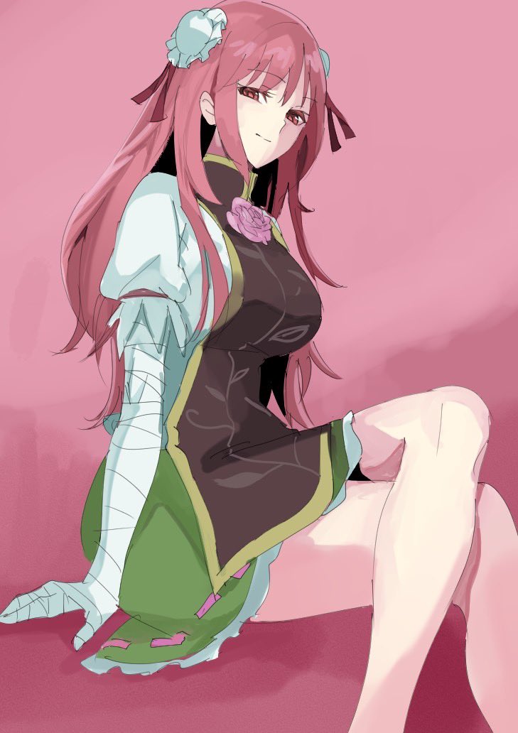 1girl arms_at_sides bandaged_arm bandages breasts chinese_clothes cropped_legs crossed_legs double_bun flower from_side hair_bun ibaraki_kasen long_hair looking_at_viewer looking_to_the_side medium_breasts pink_background pink_flower pink_hair pink_rose red_eyes rose simple_background sitting smile solo tohoyuukarin touhou