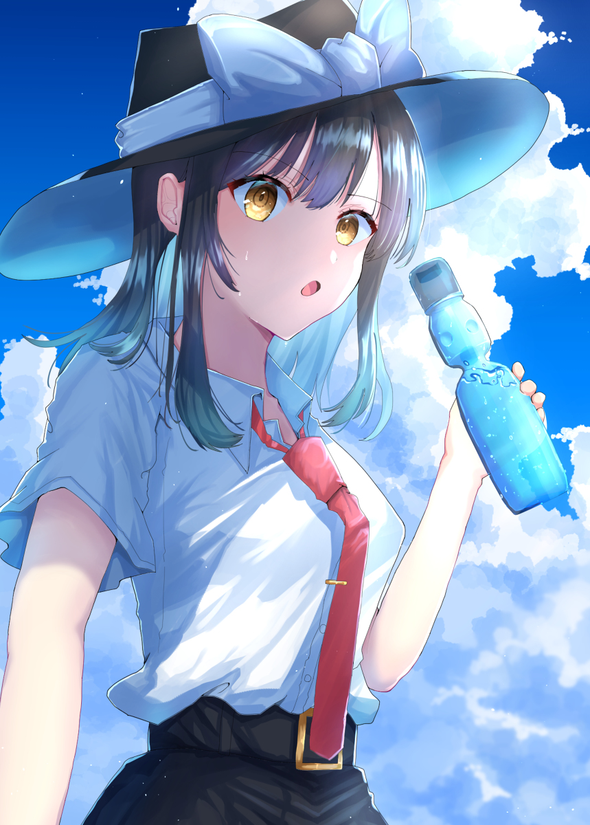 1girl adapted_costume bangs beach belt black_belt black_headwear bottle breasts brown_eyes brown_hair clouds cloudy_sky collared_shirt commentary_request day erisauria fedora hat highres holding holding_bottle looking_at_viewer medium_breasts medium_hair necktie open_mouth outdoors ramune red_necktie shirt short_ponytail short_sleeves side_ponytail sky solo tie_clip touhou usami_renko water_bottle white_shirt