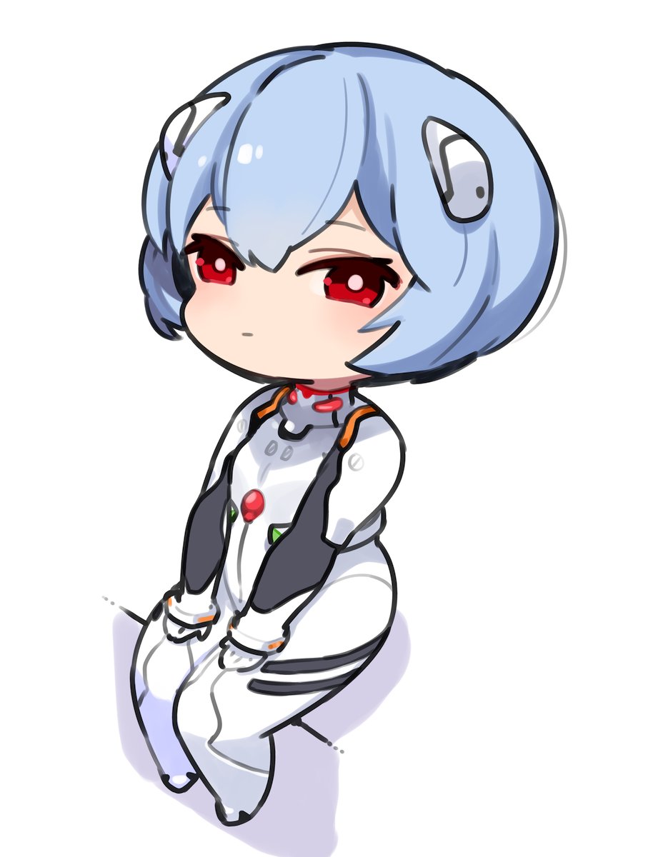 1girl ayanami_rei blue_hair bodysuit chibi closed_mouth full_body hair_ornament highres interface_headset looking_at_viewer mota neon_genesis_evangelion plugsuit red_eyes short_hair simple_background solo white_background white_bodysuit