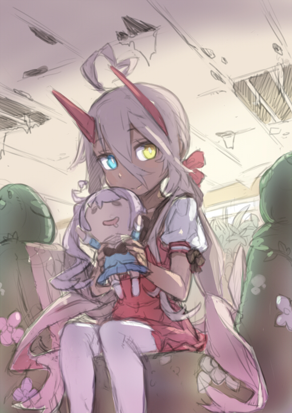 1girl ahoge azur_lane bangs blue_eyes character_doll closed_mouth commentary_request dark-skinned_female dark_skin doll feet_out_of_frame hair_between_eyes heart heart_ahoge heterochromia holding holding_doll horns indianapolis_(at_school_with_my_sister...)_(azur_lane) indianapolis_(azur_lane) long_hair looking_to_the_side nekomanma-sensei pink_hair portland_(azur_lane) puffy_short_sleeves puffy_sleeves red_horns red_skirt retrofit_(azur_lane) school_uniform serafuku shirt short_sleeves sitting skirt smile solo thigh-highs twintails very_long_hair white_shirt white_thighhighs yellow_eyes