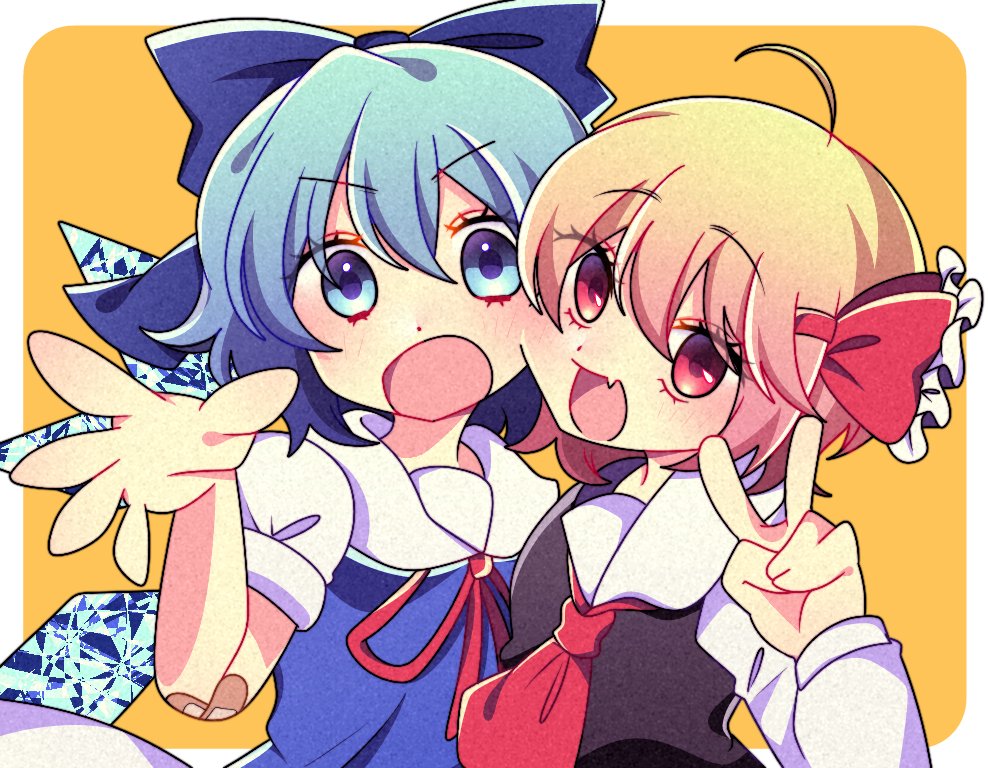 2girls :o ahoge ascot bandaid bandaid_on_arm black_dress blonde_hair blue_bow blue_dress blue_eyes blue_hair border bow cirno dot_nose dress fang hair_bow hair_ribbon ice ice_wings long_sleeves multiple_girls open_mouth red_ascot red_eyes red_ribbon ribbon rumia short_hair short_sleeves skin_fang touhou tsugomori_(remilia0398) v v-shaped_eyebrows white_border wings yellow_background