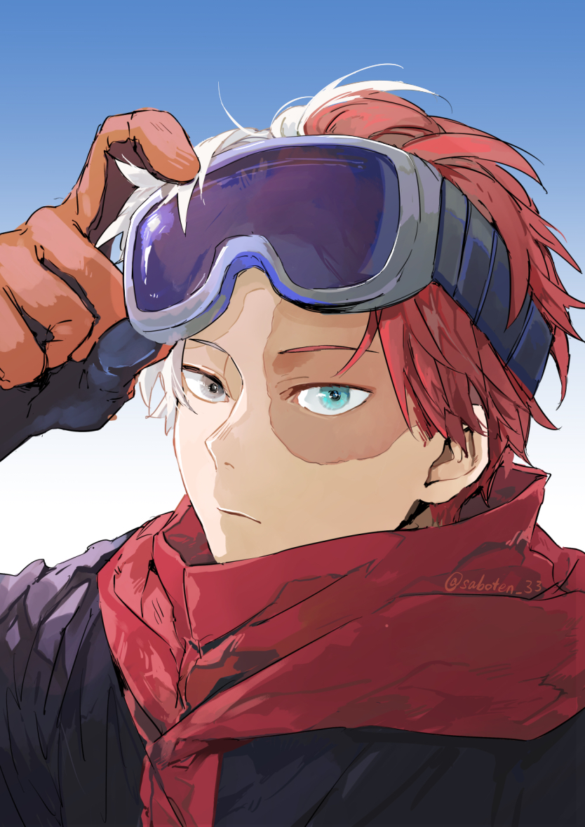 1boy blue_eyes boku_no_hero_academia brown_gloves burn_scar gloves goggles goggles_on_head grey_eyes heterochromia male_focus multicolored_hair portrait redhead saboten_33 scar scar_on_face ski_goggles solo split-color_hair todoroki_shouto twitter_username two-tone_hair white_hair