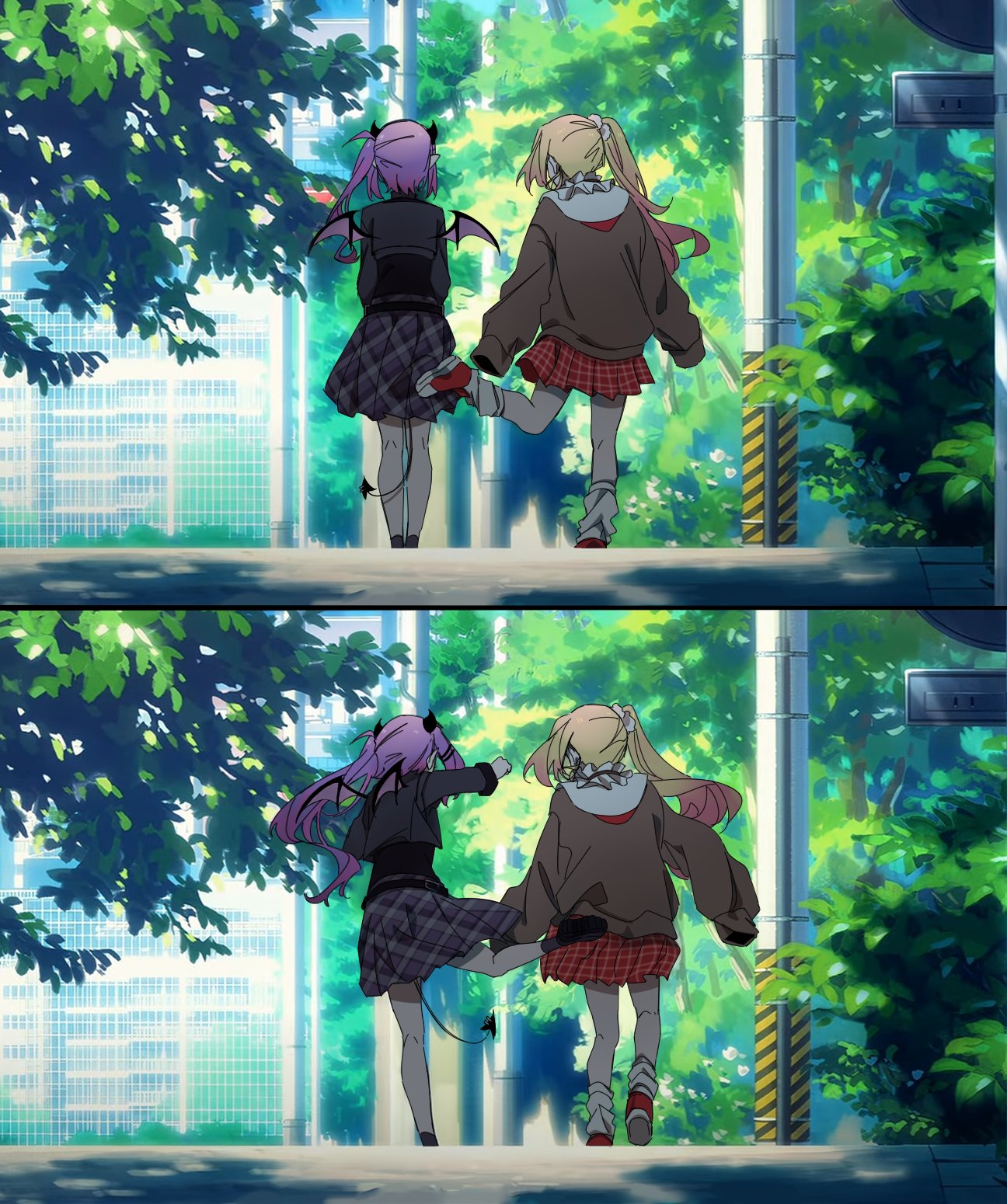 2girls blonde_hair demon_wings from_behind hair_ornament highres hololive kicking legzy long_hair lycoris_recoil meme momosuzu_nene multicolored_hair multiple_girls parody pink_hair purple_hair school_uniform shoes side_ponytail skirt stand_by_me tokoyami_towa twintails virtual_youtuber wings