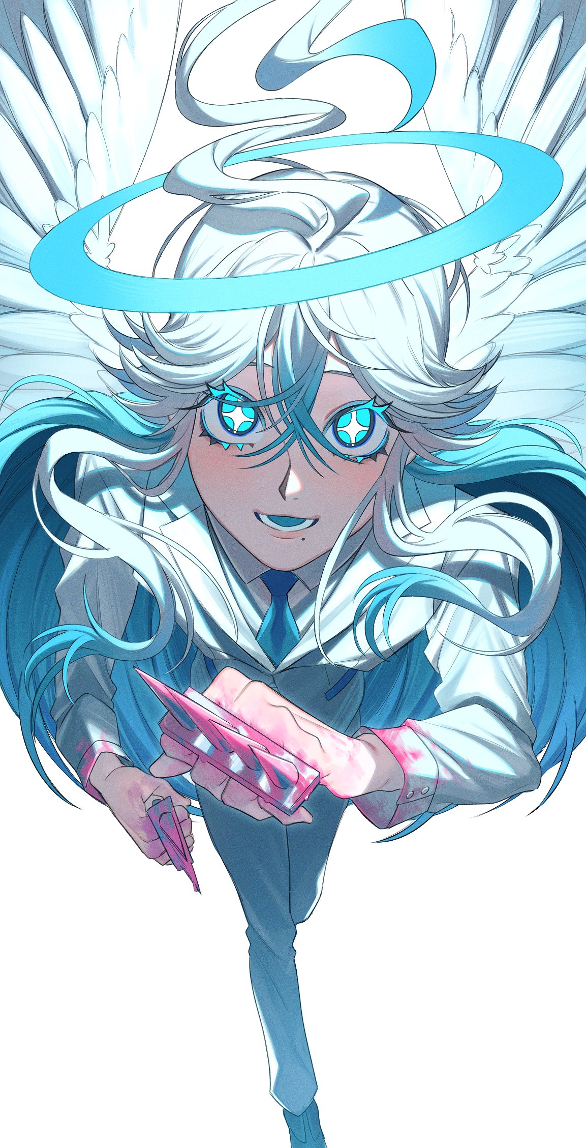 +_+ 1boy ahoge angel angel_wings blood blood_on_clothes blood_on_hands blood_on_weapon blue_eyes blue_hair blue_necktie blue_tongue brass_knuckles collared_jacket collared_shirt colored_eyelashes colored_tongue feathered_wings foreshortening formal full_body glowing glowing_eyes gradient_hair hair_between_eyes halo highres kamonekm long_hair long_sleeves looking_at_viewer male_focus mole mole_under_mouth multicolored_hair necktie open_mouth original pink_blood shirt solo spiked_knuckles suit two-tone_hair weapon white_background white_hair white_suit white_wings wings