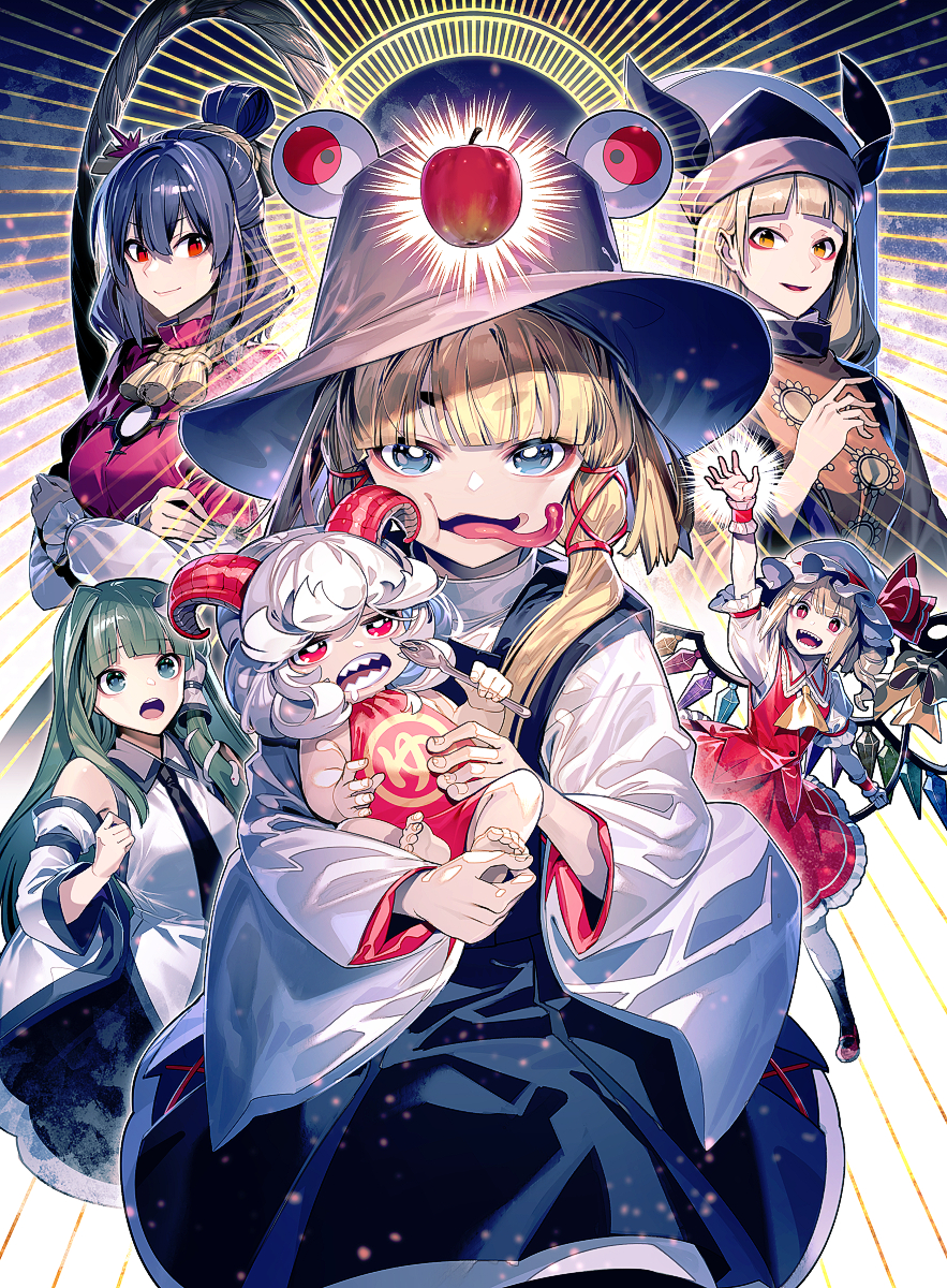 6+girls apple ascot bare_shoulders black_headwear blonde_hair blue_eyes blue_hair blush brown_headwear closed_mouth constellation_print crossed_arms crystal detached_sleeves flandre_scarlet food fruit green_eyes green_hair hair_between_eyes hair_ornament hair_ribbon hat highres holding holding_spork horns japanese_clothes kochiya_sanae laevatein_(touhou) layered_sleeves leaf_hair_ornament long_hair long_sleeves long_tongue matara_okina mob_cap moriya_suwako multiple_girls nontraditional_miko open_mouth puffy_short_sleeves puffy_sleeves purple_skirt purple_vest red_eyes red_horns red_ribbon red_shirt red_skirt red_vest ribbon ribbon-trimmed_sleeves ribbon_trim sheep_horns shirt short_hair short_over_long_sleeves short_sleeves skirt smile snake_hair_ornament spork tabard tongue touhou toutetsu_yuuma tress_ribbon vest white_hair white_headwear white_shirt wide_sleeves wings yasaka_kanako yellow_ascot yellow_eyes zounose