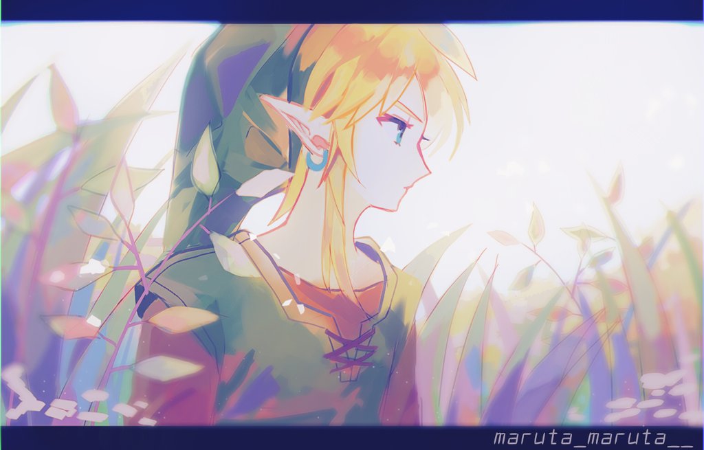 1boy blonde_hair blue_eyes brown_shirt earrings grass green_headwear green_tunic hair_between_eyes hat jewelry lace-up_thighhighs leaf letterboxed link looking_to_the_side male_focus maruta_maruta medium_hair outdoors pointy_ears profile shirt sidelocks solo the_legend_of_zelda the_legend_of_zelda:_breath_of_the_wild twitter_username upper_body