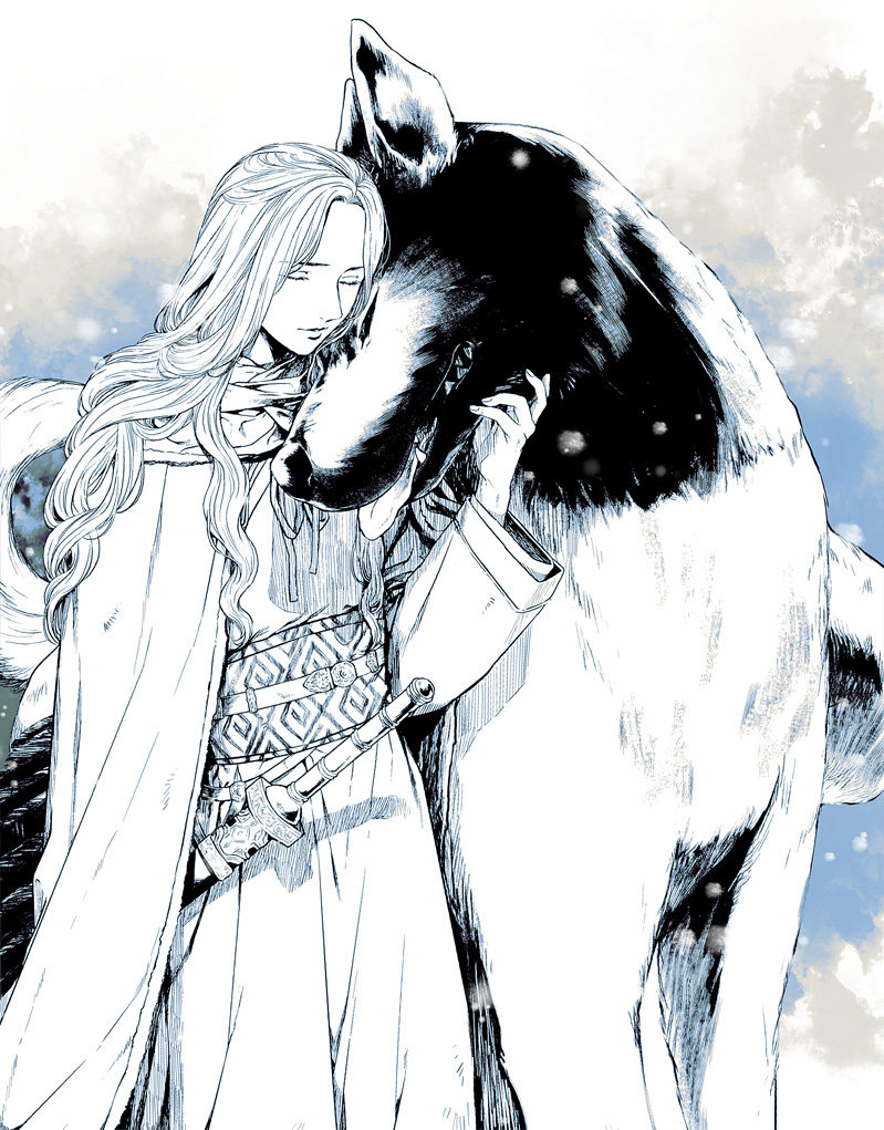 1girl affectionate animal cloak closed_eyes closed_mouth cowboy_shot dog hand_up hienn_(juuni_kokuki) juuni_kokuki kyusui_polymer long_hair long_sleeves monochrome nuzzle petting risai_(juuni_kokuki) robe sash smile snowing standing sword tongue tongue_out weapon