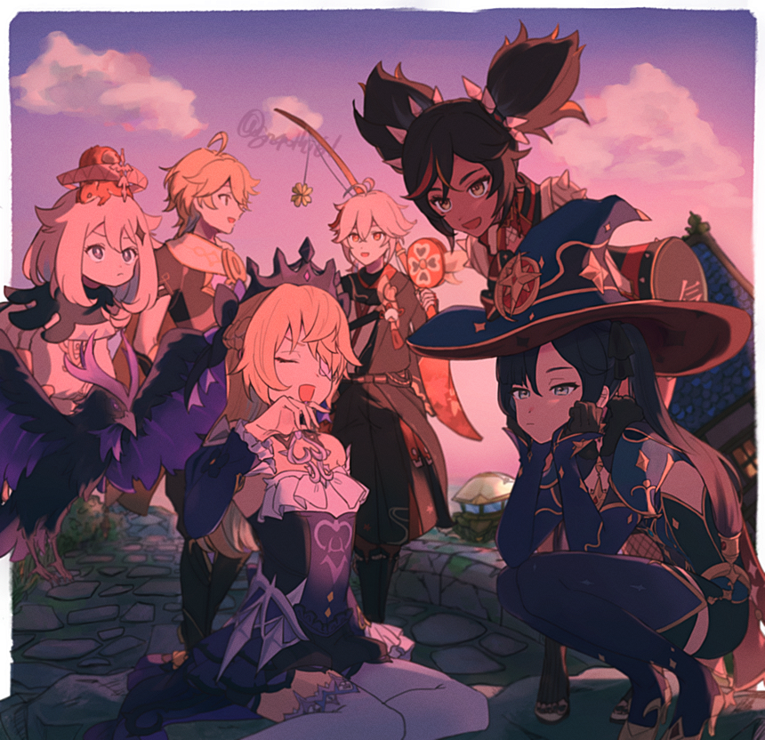 2boys 4girls artist_name black_hair blonde_hair boots closed_eyes clouds genshin_impact gloves gn4othi61 hair_between_eyes hat high_heel_boots high_heels long_hair looking_at_another mona_(genshin_impact) multiple_boys multiple_girls open_mouth outdoors paimon_(genshin_impact) signature sitting squatting thigh-highs thigh_boots tongue twintails twitter_username witch_hat