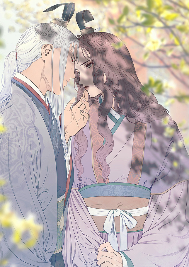 1boy 1girl blurry branch brown_hair bun_cover chinese_clothes clothes_grab couple dappled_sunlight day depth_of_field eye_contact face-to-face finger_to_another's_mouth grey_hair half_updo hand_up hanfu hetero imminent_kiss juuni_kokuki king_tai_(juuni_kokuki) kyusui_polymer lipstick long_hair long_sleeves looking_at_another looking_away low_ponytail makeup parted_lips pink_robe ponytail risai_(juuni_kokuki) robe sash sidelocks sunlight tree_shade upper_body wide_sleeves