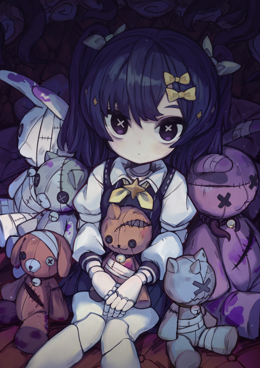 1girl bandages black_eyes black_hair bow brown_dress doll doll_joints dress hair_bow highres joints ketopon long_hair long_sleeves original pale_skin pinafore_dress ribbon scar shirt short_dress sitting solo stuffed_animal stuffed_toy twintails white_shirt white_sleeves