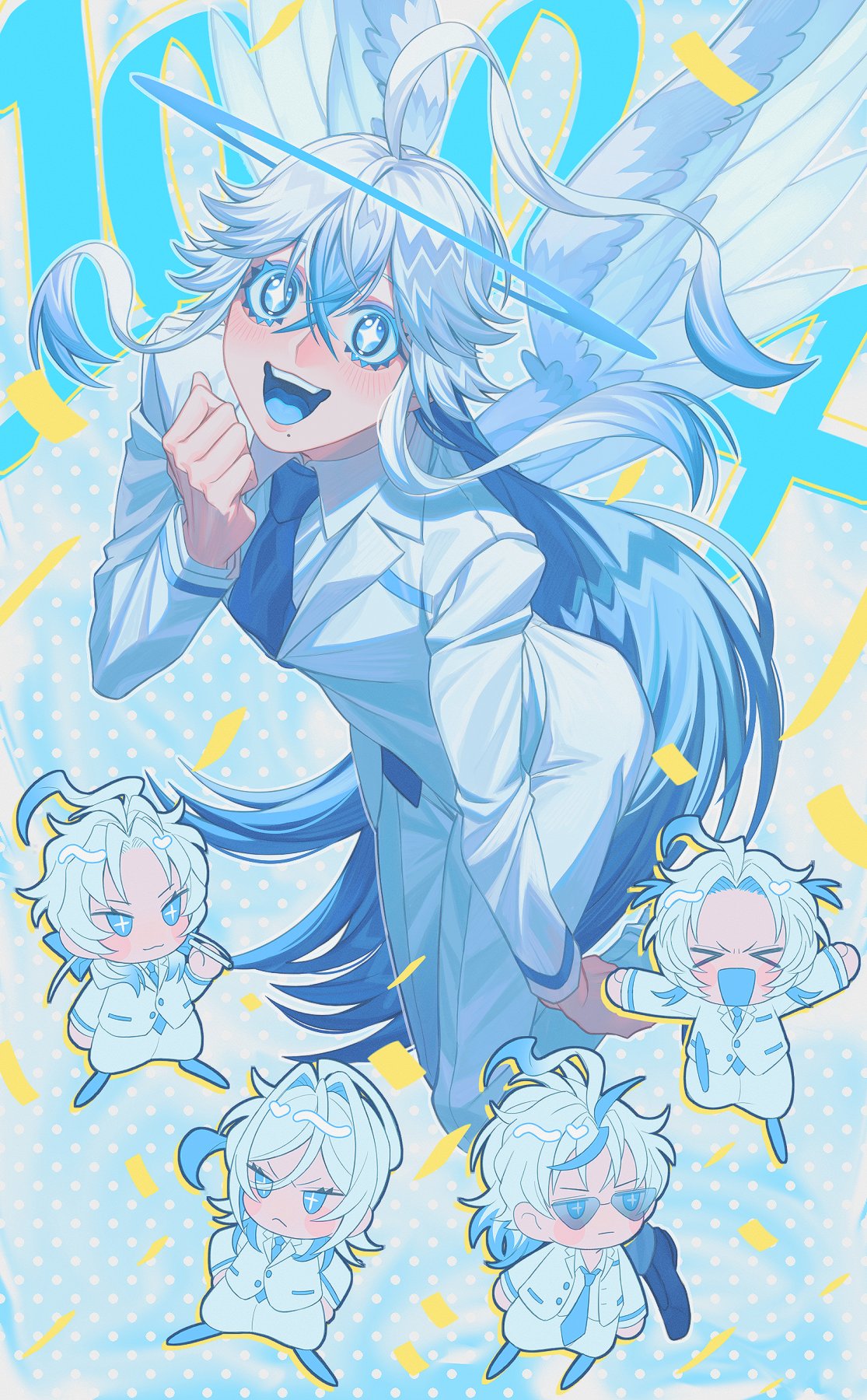 +_+ 5boys ahoge angel angel_wings blue_background blue_eyes blue_hair blue_necktie blue_suit blue_tongue blue_wings chibi collared_shirt colored_eyelashes colored_tongue confetti feathered_wings flying formal full_body halo hand_up highres kamonekm long_hair long_sleeves looking_at_viewer male_focus mole mole_under_mouth multiple_boys necktie open_mouth original polka_dot polka_dot_background shirt sidelocks suit white_shirt wings