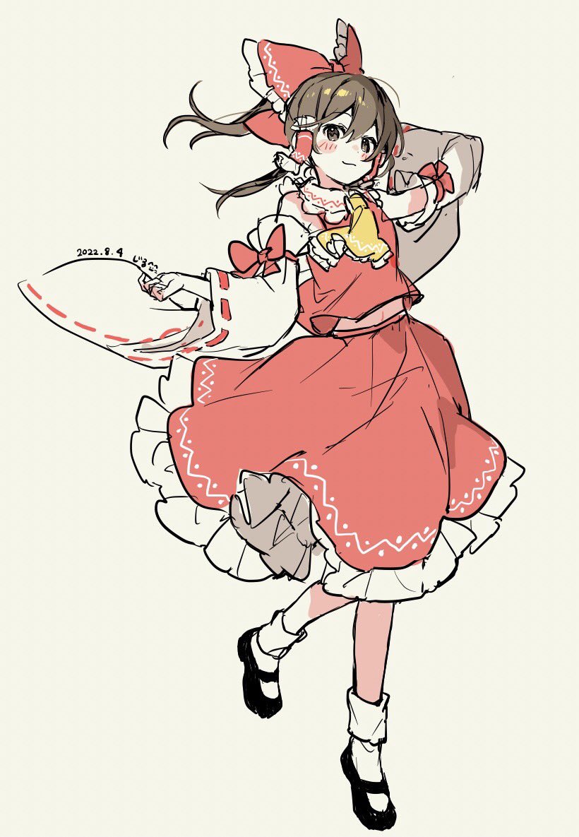 1girl arms_up ascot bangs bare_shoulders blush bow breasts brown_eyes brown_hair closed_mouth collared_shirt dated detached_sleeves frills hair_between_eyes hair_ornament hair_tubes hakurei_reimu hands_up jill_07km leg_up long_sleeves looking_at_viewer medium_breasts ponytail red_bow red_shirt red_skirt shirt short_hair skirt smile solo standing standing_on_one_leg touhou wide_sleeves yellow_ascot