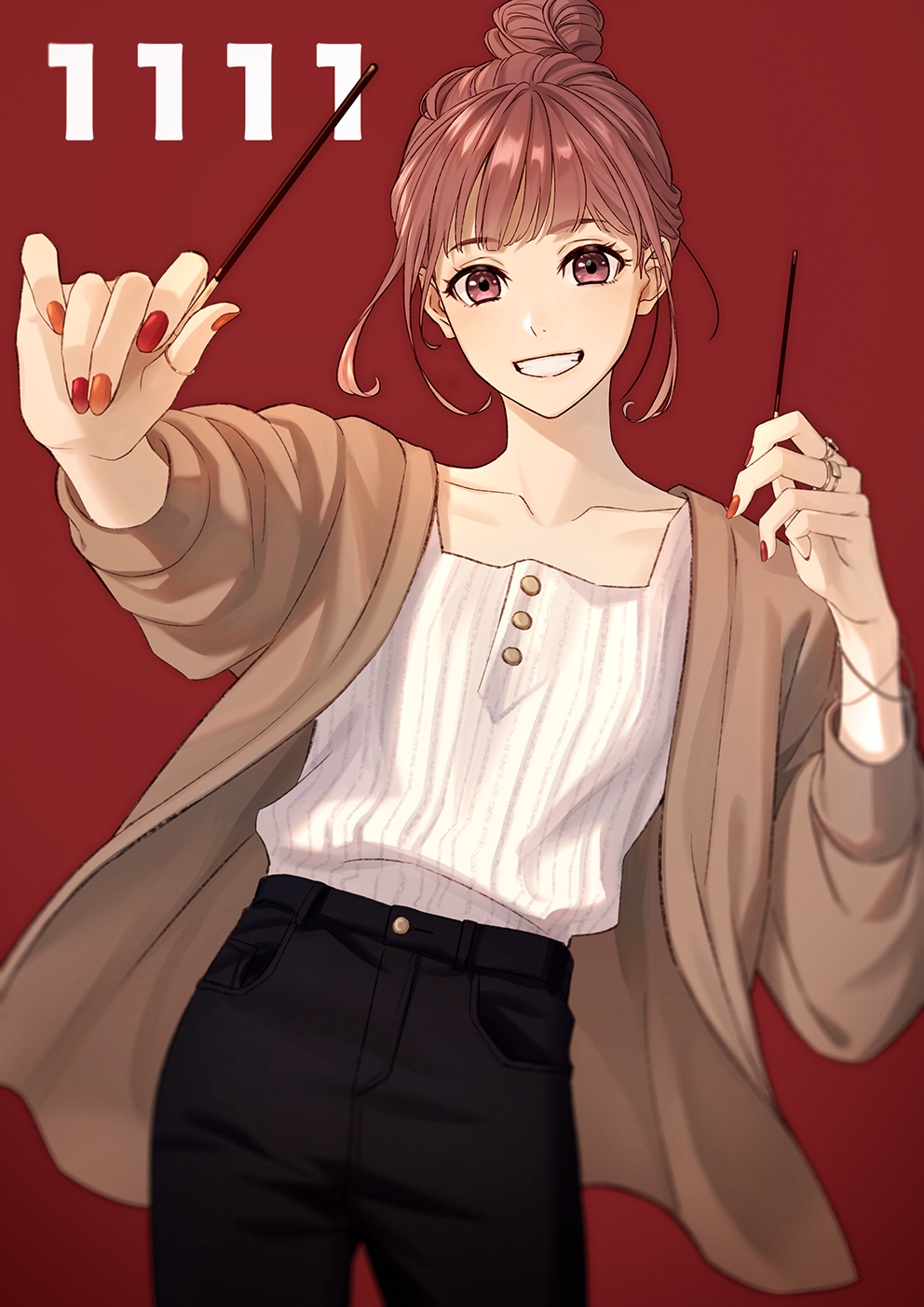 1girl black_pants brown_hair brown_jacket collarbone food grin hair_bun highres holding holding_food holding_pocky jacket jewelry looking_at_viewer multicolored_nails orange_nails original pants pocky pocky_day red_background red_nails ring shiraho_(m_shiraho) shirt short_hair simple_background single_hair_bun smile standing teeth white_shirt