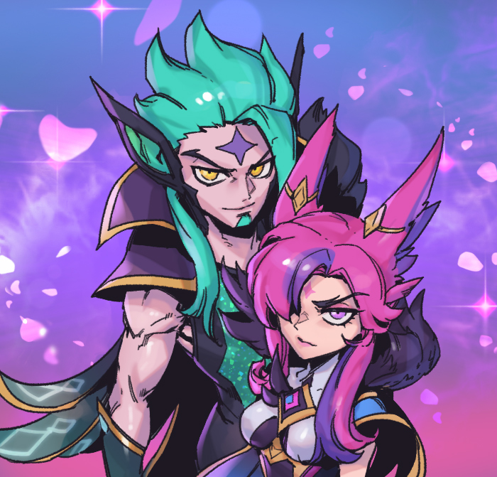 1boy 1girl animal_ears annoyed bangs black_cape breasts cape closed_mouth fur_trim gem green_hair hair_over_one_eye large_breasts league_of_legends long_hair multicolored_background petals phantom_ix_row pink_eyes pointy_ears rakan_(league_of_legends) smile star_guardian_(league_of_legends) star_guardian_rakan star_guardian_xayah star_tattoo tattoo xayah
