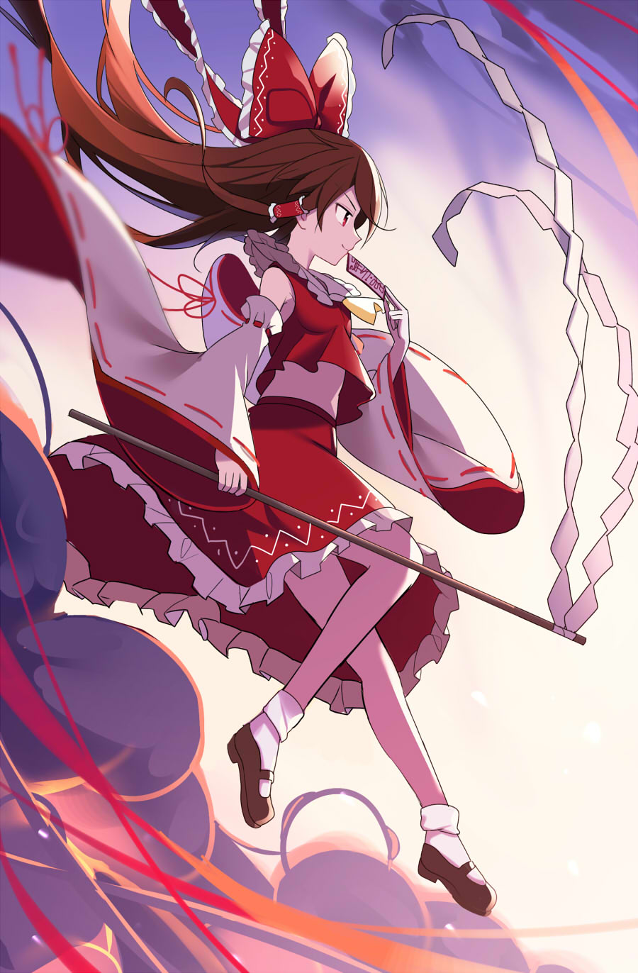 1girl ascot bare_shoulders bow brown_eyes brown_hair closed_mouth detached_sleeves e.o. frilled_skirt frills full_body gohei hair_between_eyes hair_bow hair_tubes hakurei_reimu highres holding japanese_clothes long_hair nontraditional_miko ofuda red_bow red_skirt ribbon-trimmed_sleeves ribbon_trim sidelocks skirt smile solo touhou white_background white_sleeves yellow_ascot