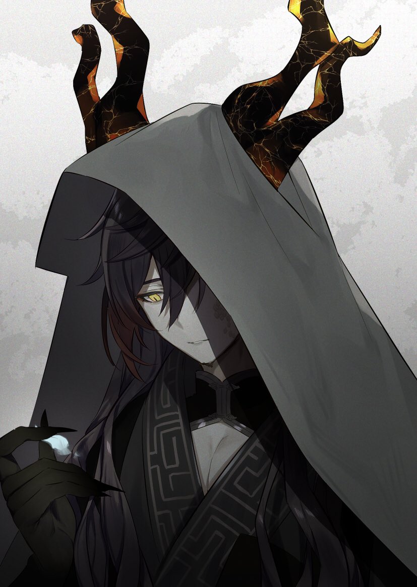 1boy alternate_costume alternate_hairstyle bangs brown_hair claws dragon_boy dragon_horns english_commentary genshin_impact gradient_hair greyscale hair_between_eyes hanaya_kani4 hood hood_up horns horns_through_hood long_hair male_focus monochrome multicolored_hair parted_lips scales simple_background solo spot_color upper_body very_long_hair yellow_eyes zhongli_(genshin_impact)