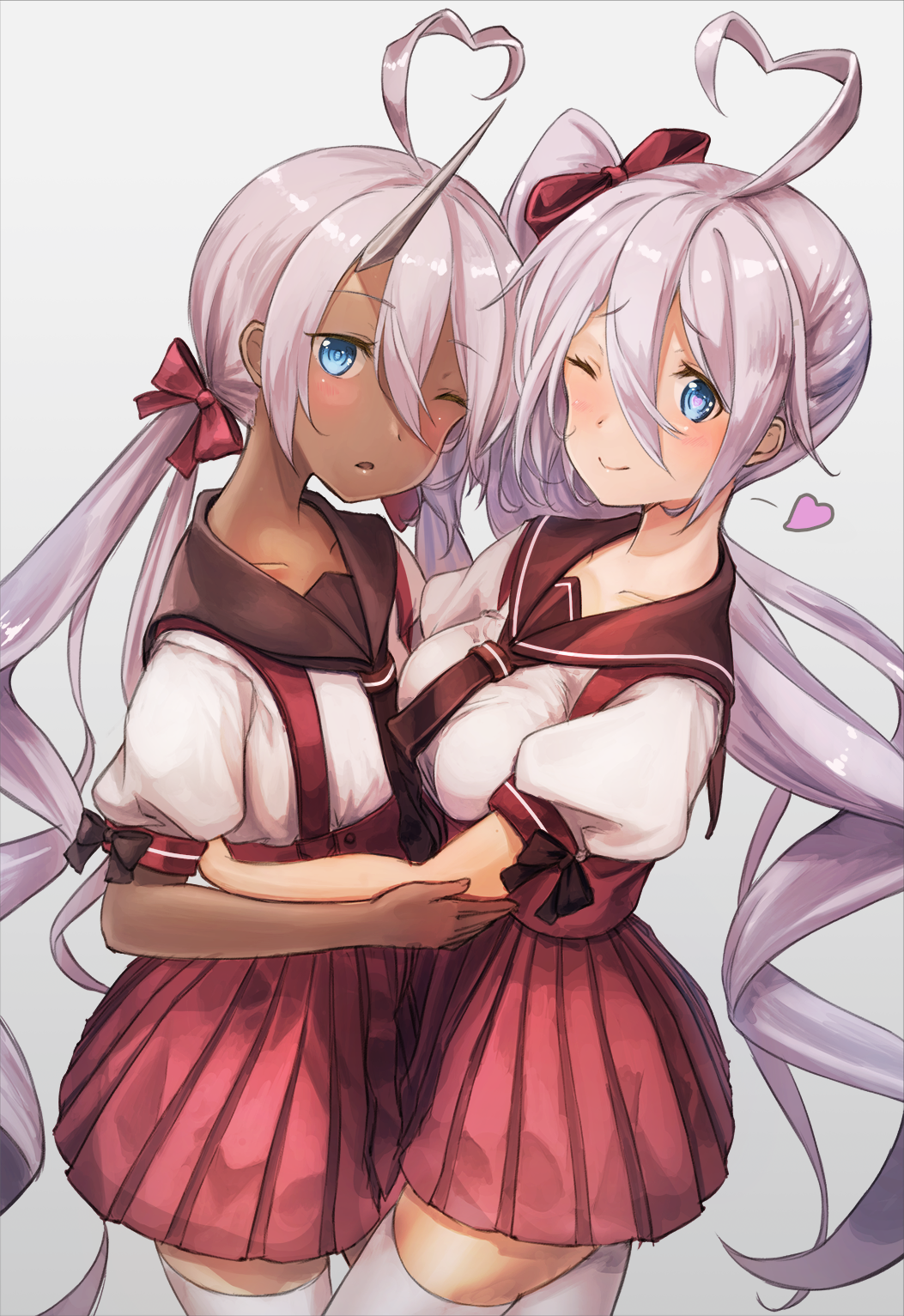 2girls ahoge azur_lane bangs black_necktie black_sailor_collar blue_eyes blush bow breasts closed_mouth commentary_request cowboy_shot dark-skinned_female dark_skin expressionless grey_horns hair_bow heart heart-shaped_pupils heart_ahoge highres hug indianapolis_(at_school_with_my_sister...)_(azur_lane) indianapolis_(azur_lane) large_breasts long_hair looking_at_viewer miniskirt multiple_girls necktie official_alternate_costume one_eye_closed open_mouth pink_hair pleated_skirt portland_(at_school_with_indy!)_(azur_lane) portland_(azur_lane) puffy_short_sleeves puffy_sleeves red_bow red_skirt sailor_collar school_uniform serafuku shirt short_sleeves siblings side_ponytail simple_background sisters skirt smile suspender_skirt suspenders symbol-shaped_pupils thigh-highs twintails very_long_hair white_background white_shirt white_thighhighs yu_ni_t