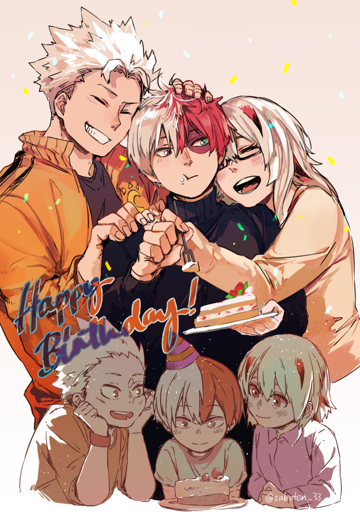 1girl 2boys blue_eyes boku_no_hero_academia burn_scar cake confetti eating family food food_on_face fork fruit glasses grey_eyes hand_on_another's_head happy_birthday hat heterochromia holding holding_fork holding_plate hug multicolored_hair multiple_boys open_mouth party_hat plate redhead saboten_33 scar scar_on_face spiky_hair split-color_hair strawberry strawberry_shortcake todoroki_fuyumi todoroki_natsuo todoroki_shouto twitter_username two-tone_hair white_hair younger