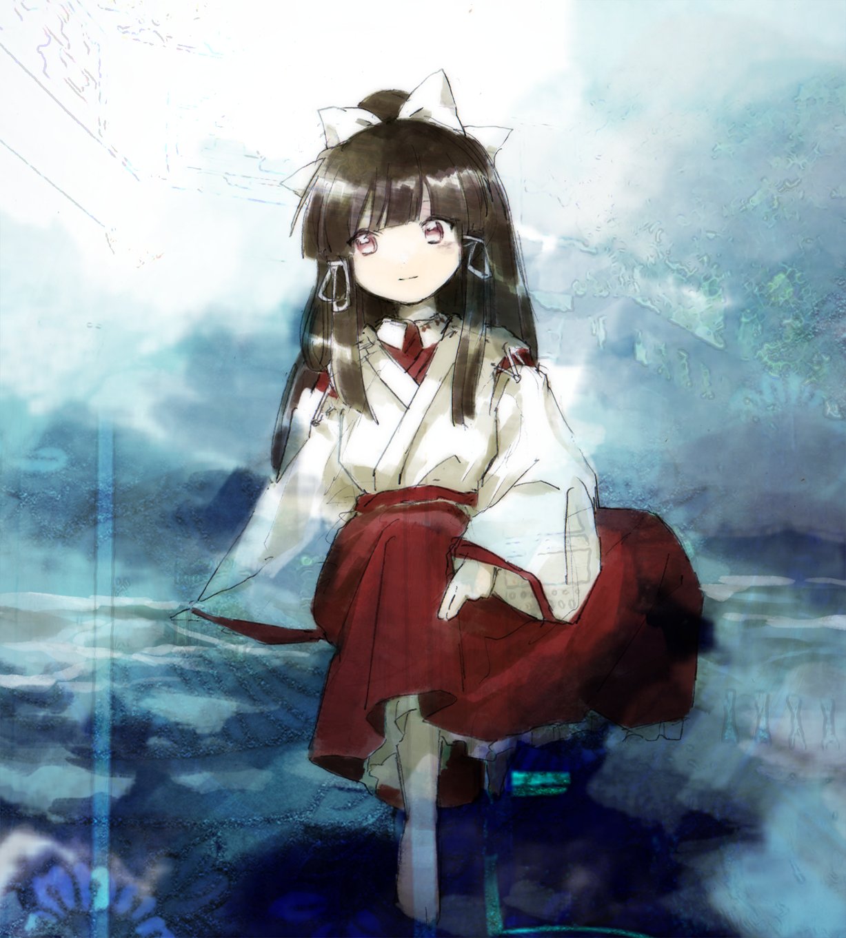 1girl bangs barefoot black_hair blunt_bangs bow closed_mouth detached_sleeves full_body hair_bow hakama hakama_skirt hakurei_reimu happy highres japanese_clothes kaigen_1025 long_hair long_sleeves miko ponytail portrait_of_exotic_girls red_hakama red_skirt sidelocks skirt smile solo touhou very_long_hair violet_eyes white_bow wide_sleeves