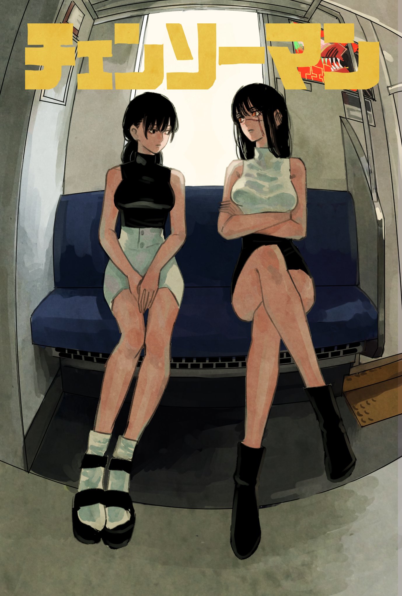 2girls black_footwear black_hair black_skirt black_sweater boots breasts chainsaw_man contrast copyright_name crossed_legs highres long_hair looking_at_another low_ponytail matching_outfit medium_breasts mitaka_asa multiple_girls ryosuketarou scar scar_on_face shoes sitting skirt sleeveless socks straight_hair sweater train_interior turtleneck turtleneck_sweater war_devil_(chainsaw_man) white_skirt white_socks white_sweater